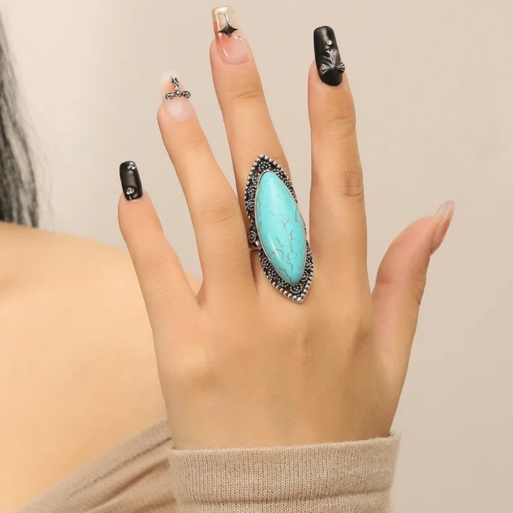 Western Southwestern Aged Silver & Turquoise Boho Statement Ring NEW - Picture 4 of 6